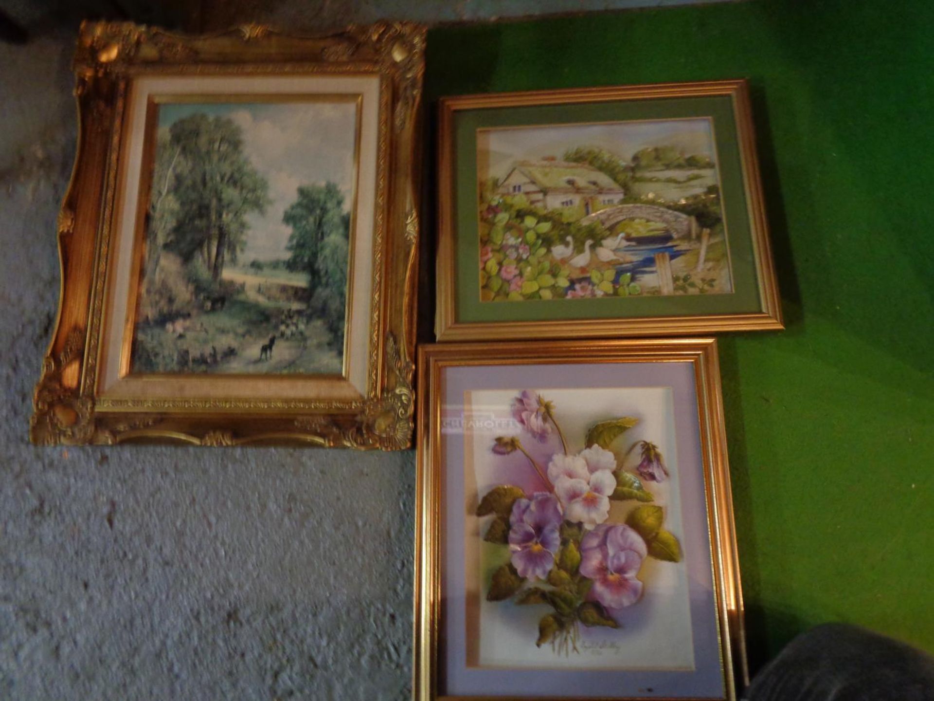 TWO 3D PICTURES ONE OF A COUNTRY SCENE AND ANOTHER OF FLOWERS AND A THIRD GILT FRAMED PICTURE OF A