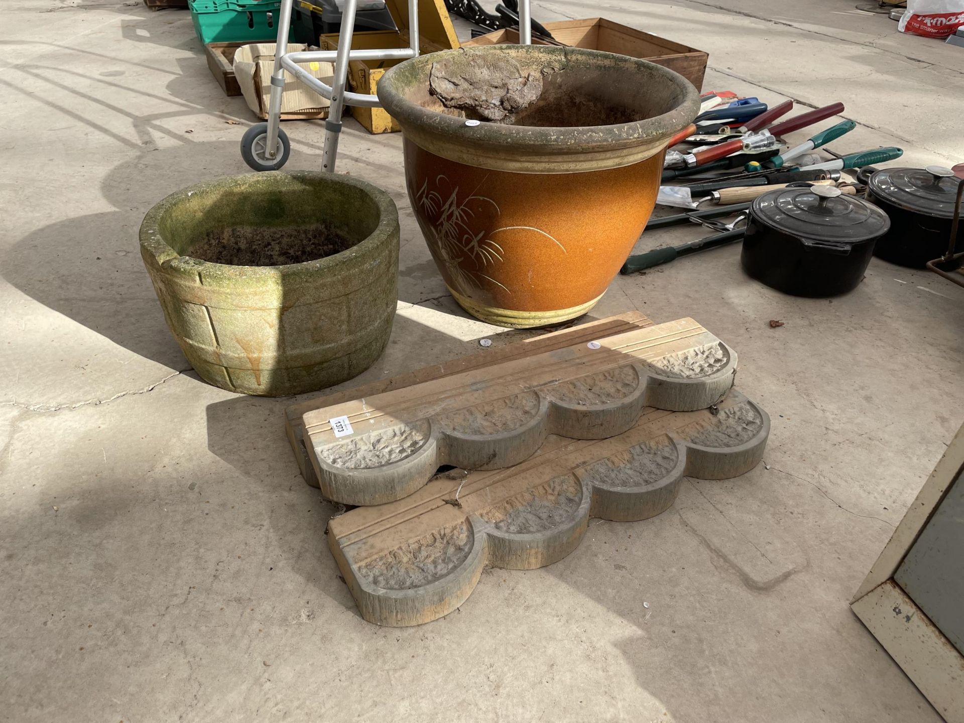 TWO STONEWARE PLANTERS AND THREE SECTIONS OF EDGING STONES - Image 2 of 3