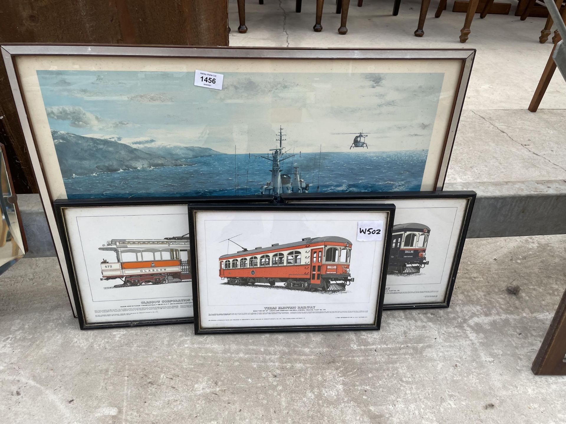 THREE FRAMED PRINTS OF ENGINES AND A FRAMED NAVY PRINT