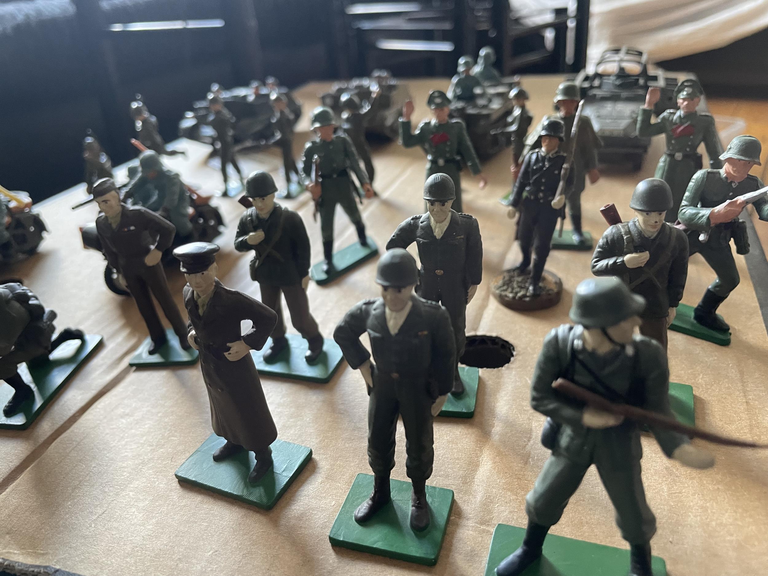 THIRTY UNBOXED WWII METAL AND PLASTIC MILITARY FIGURES AND VEHICLES - TWO BRITAINS BMW AND SIDECARS, - Image 9 of 11