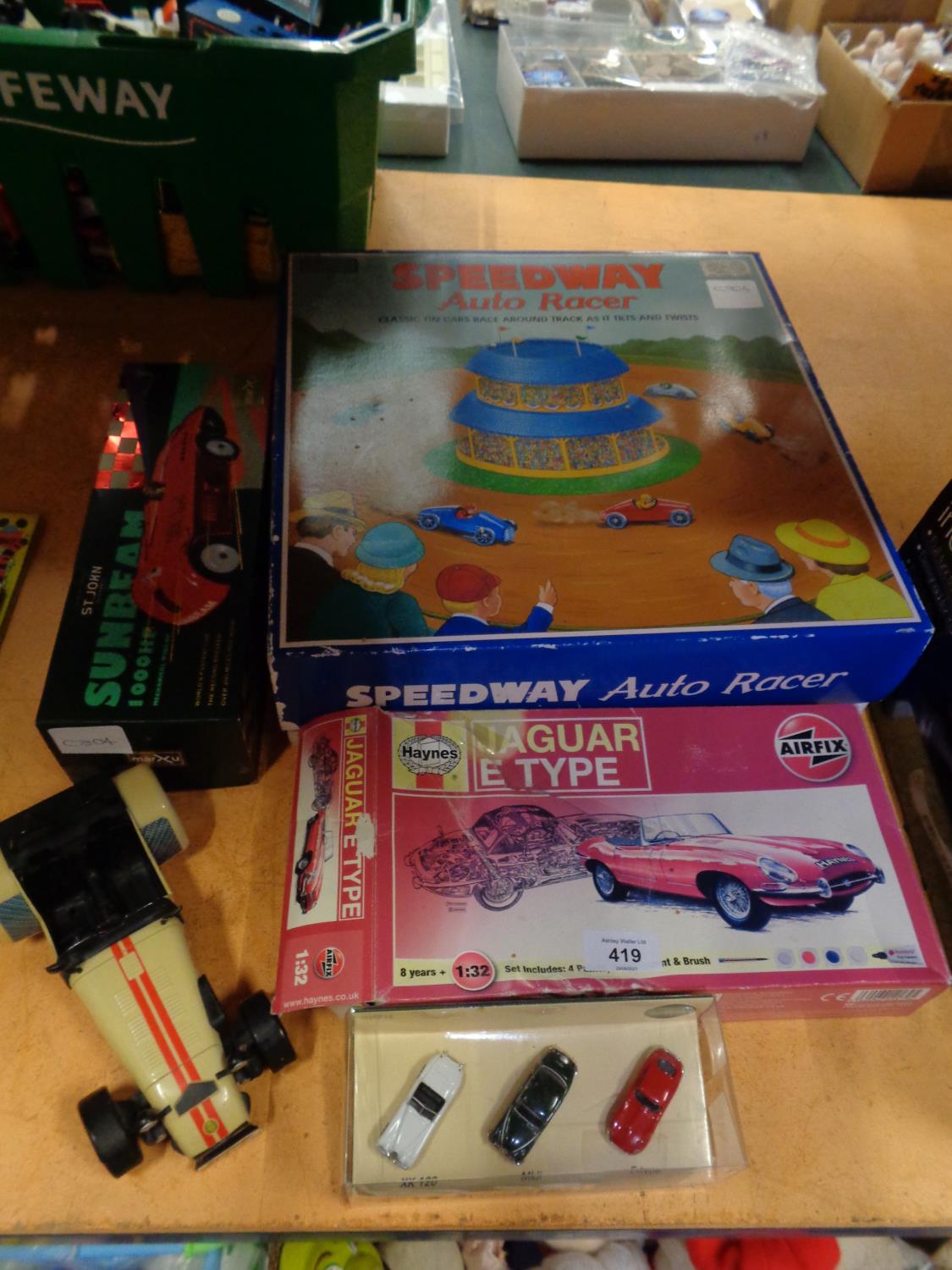 VARIOUS CAR RELATED ITEMS TO INCLUDE A SPEEDWAY AUTO RACER SET, A SUNBEAM, E TYPE JAGUAR ETC