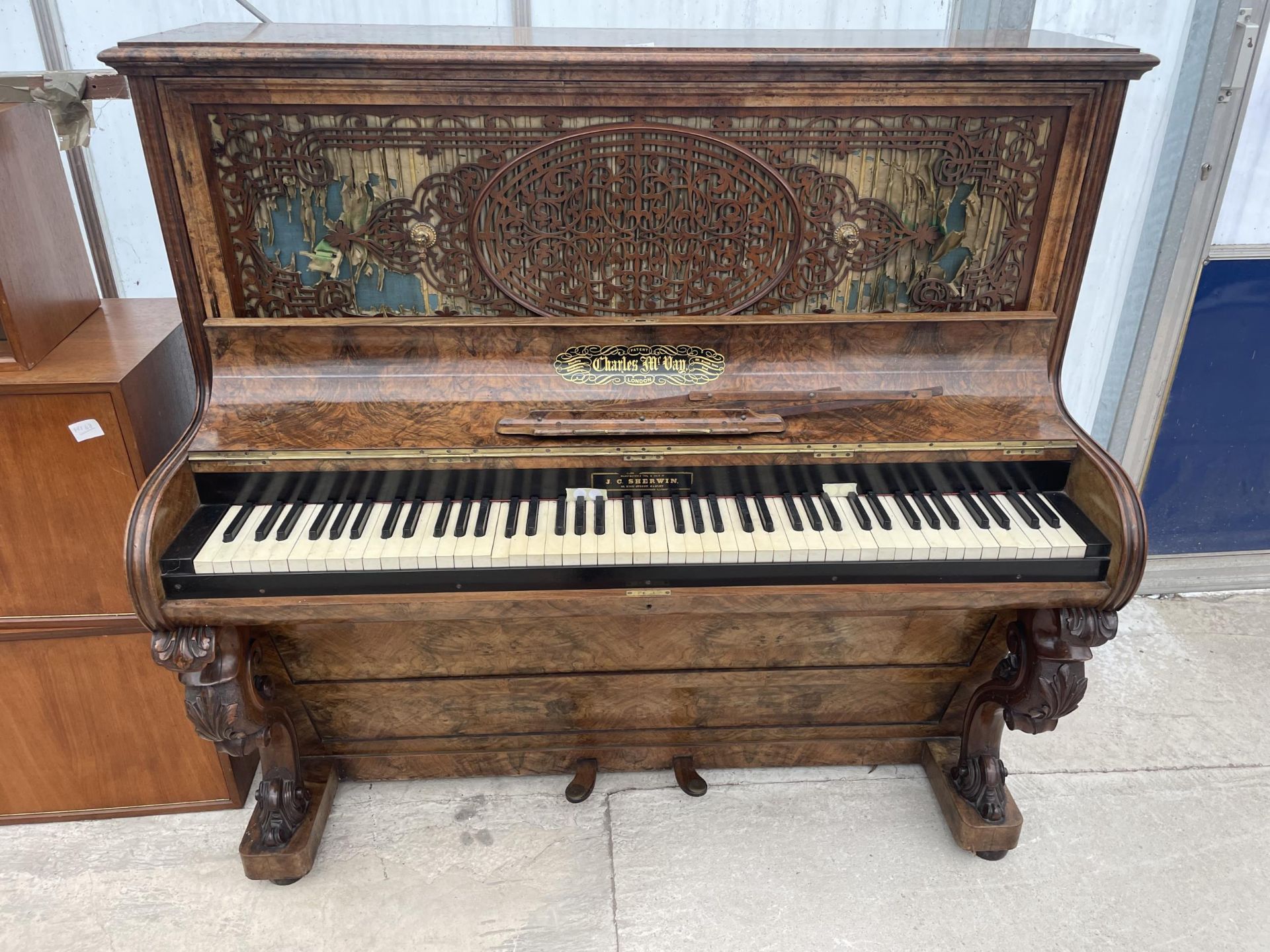 A VICTORIAN WALNUT CASED CHARLES MCVAY UPRIGHT PIANO (55)