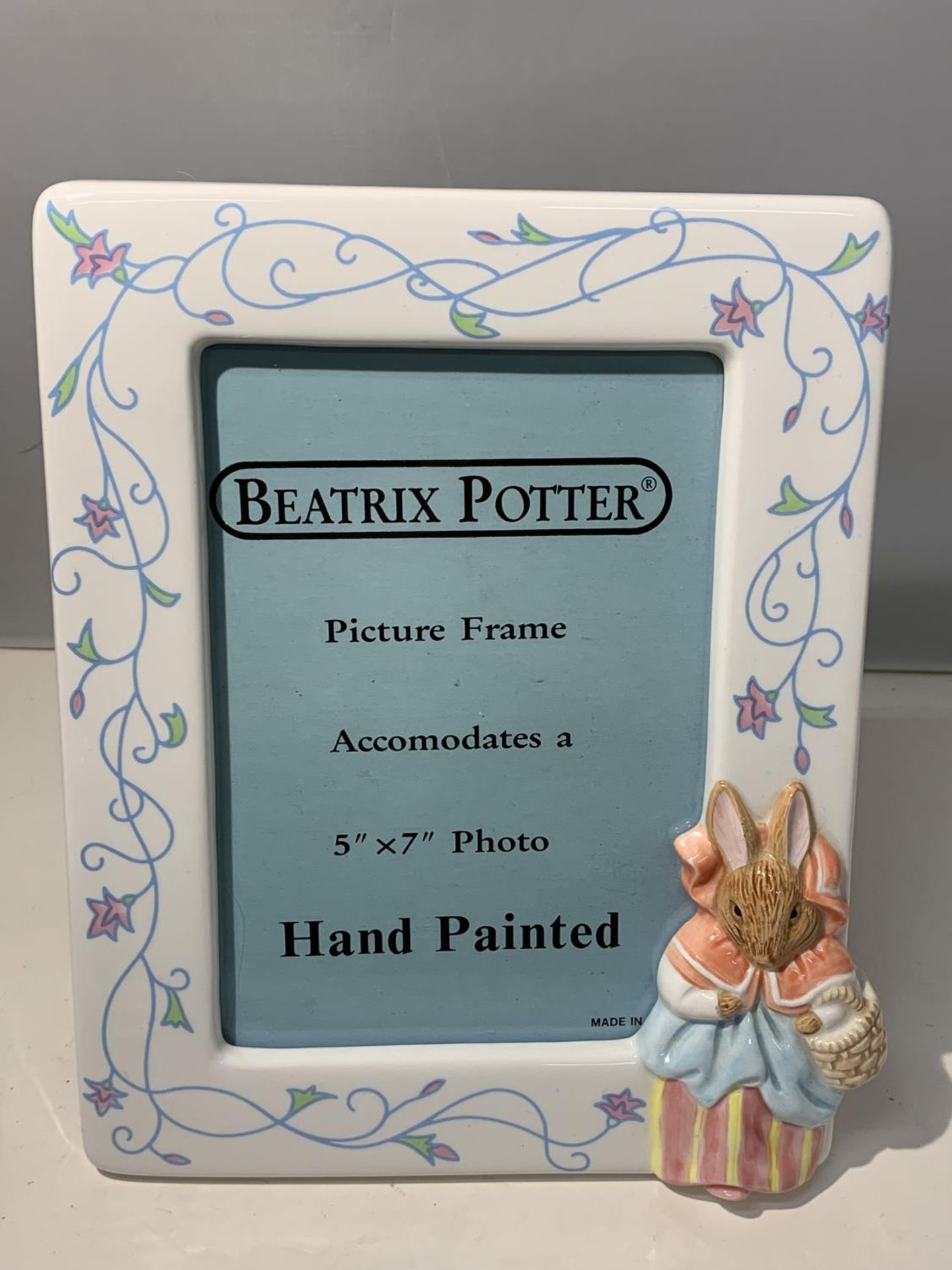 A HAND PAINTED BEATRIX POTTER PICTURE FRAME FOR A 5" X 7"