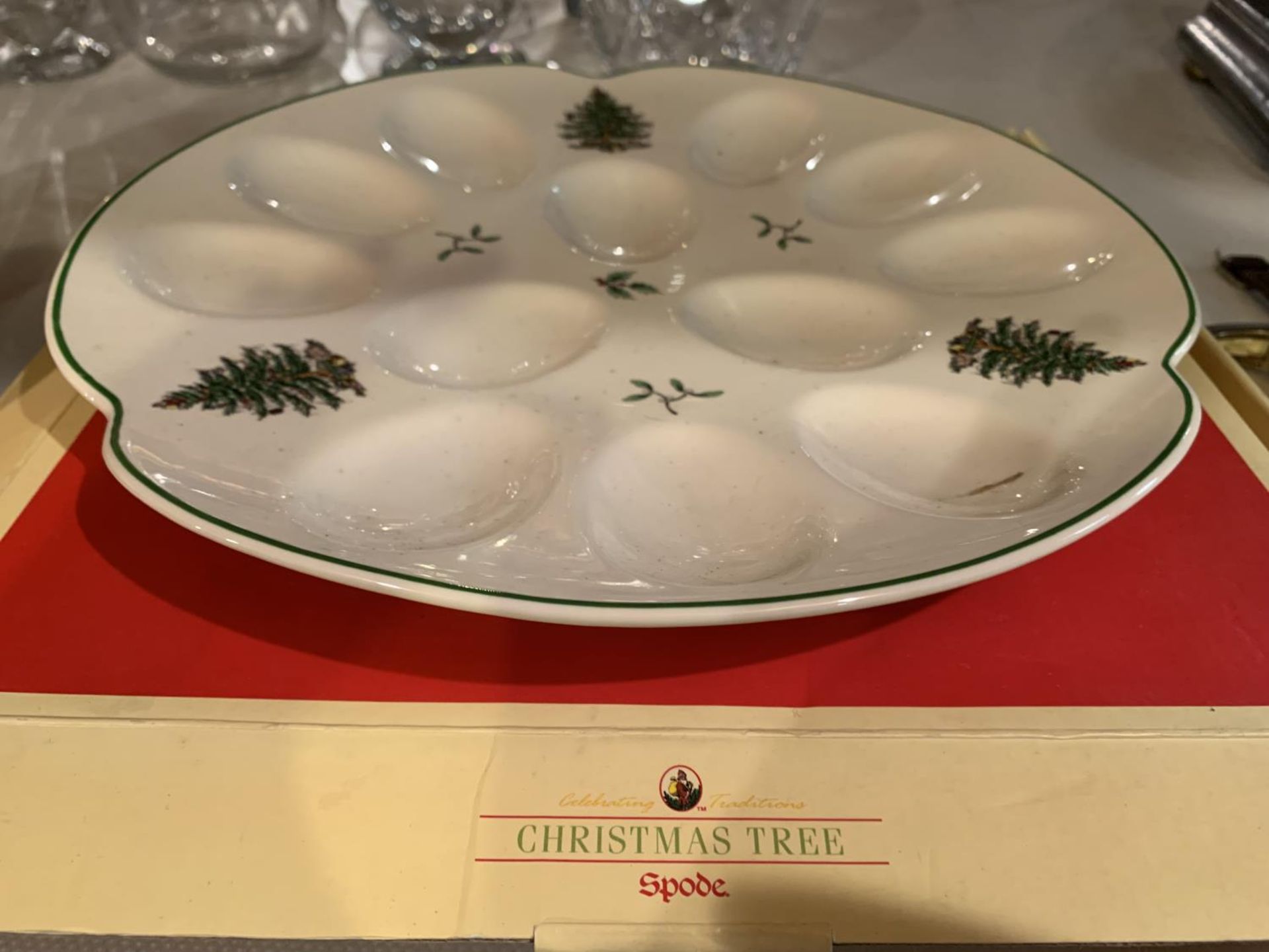 A SPODE CHRISTMAS TREE DEVILLED EGG TRAY WITH BOX