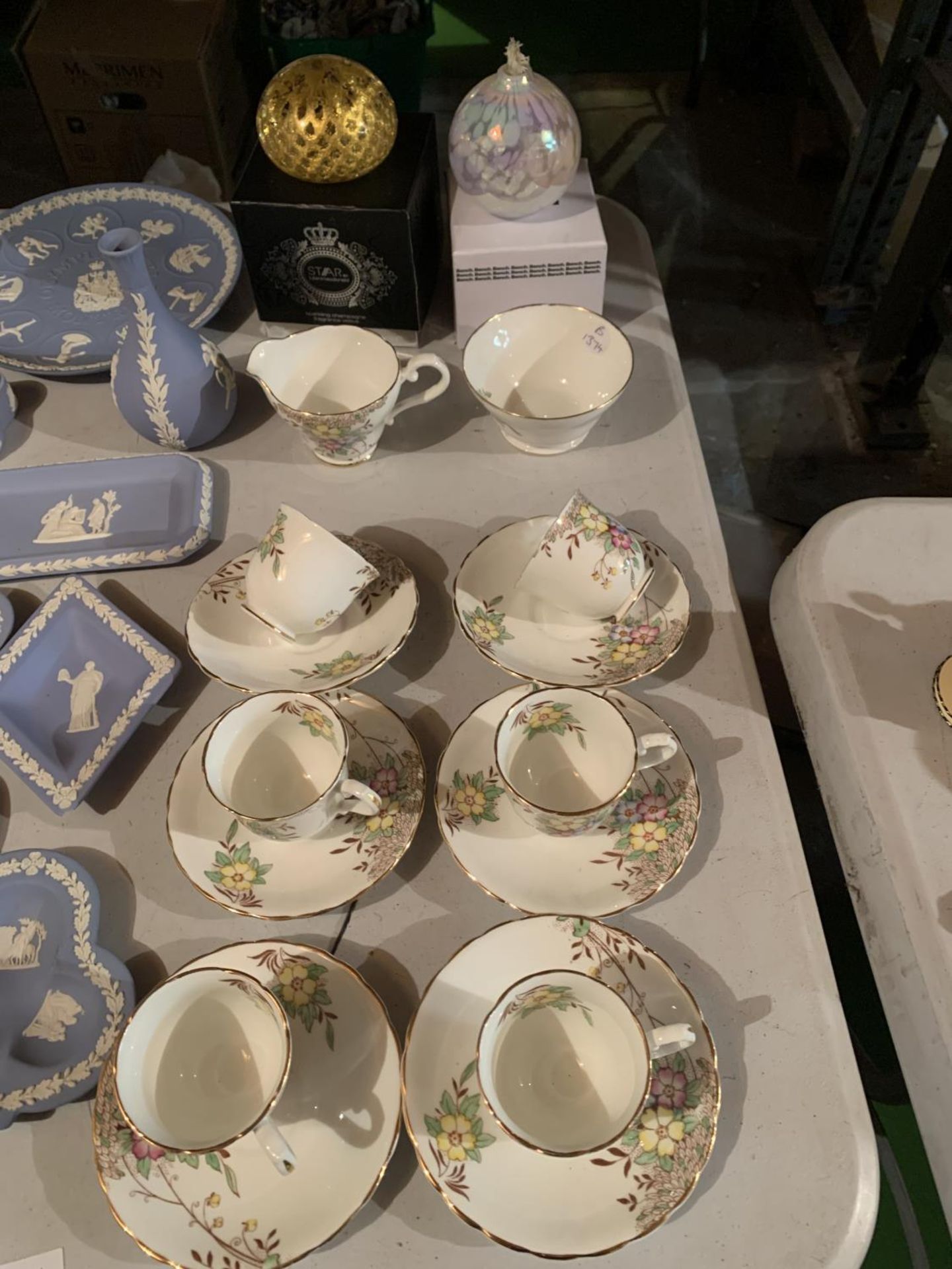 A STANLEY FINE BONE CHINA TEA SET AND TWO BOXED GLASS PAPERWEIGHTS