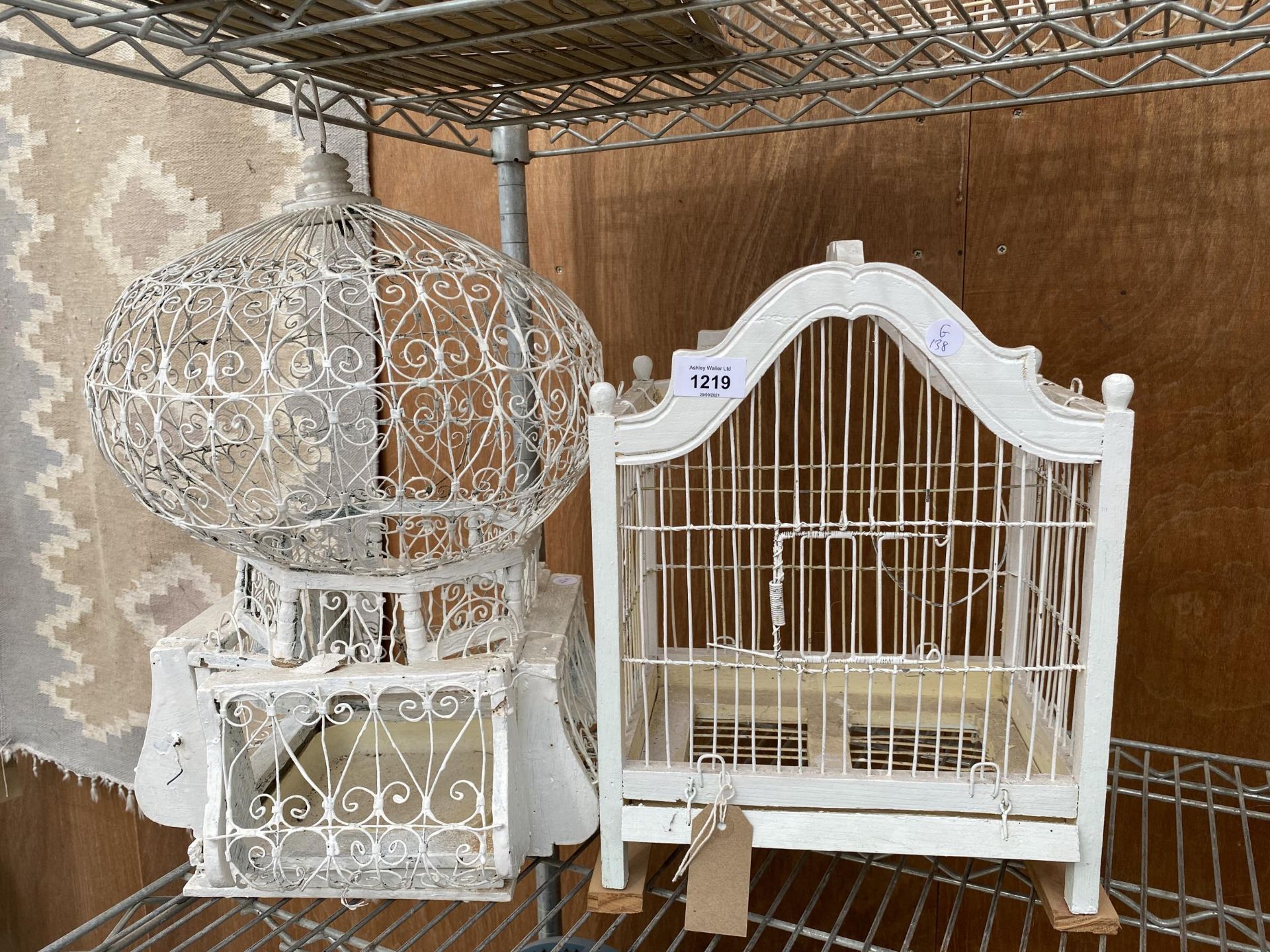 TWO DECORATIVE WOODEN AND METAL BIRD CAGES