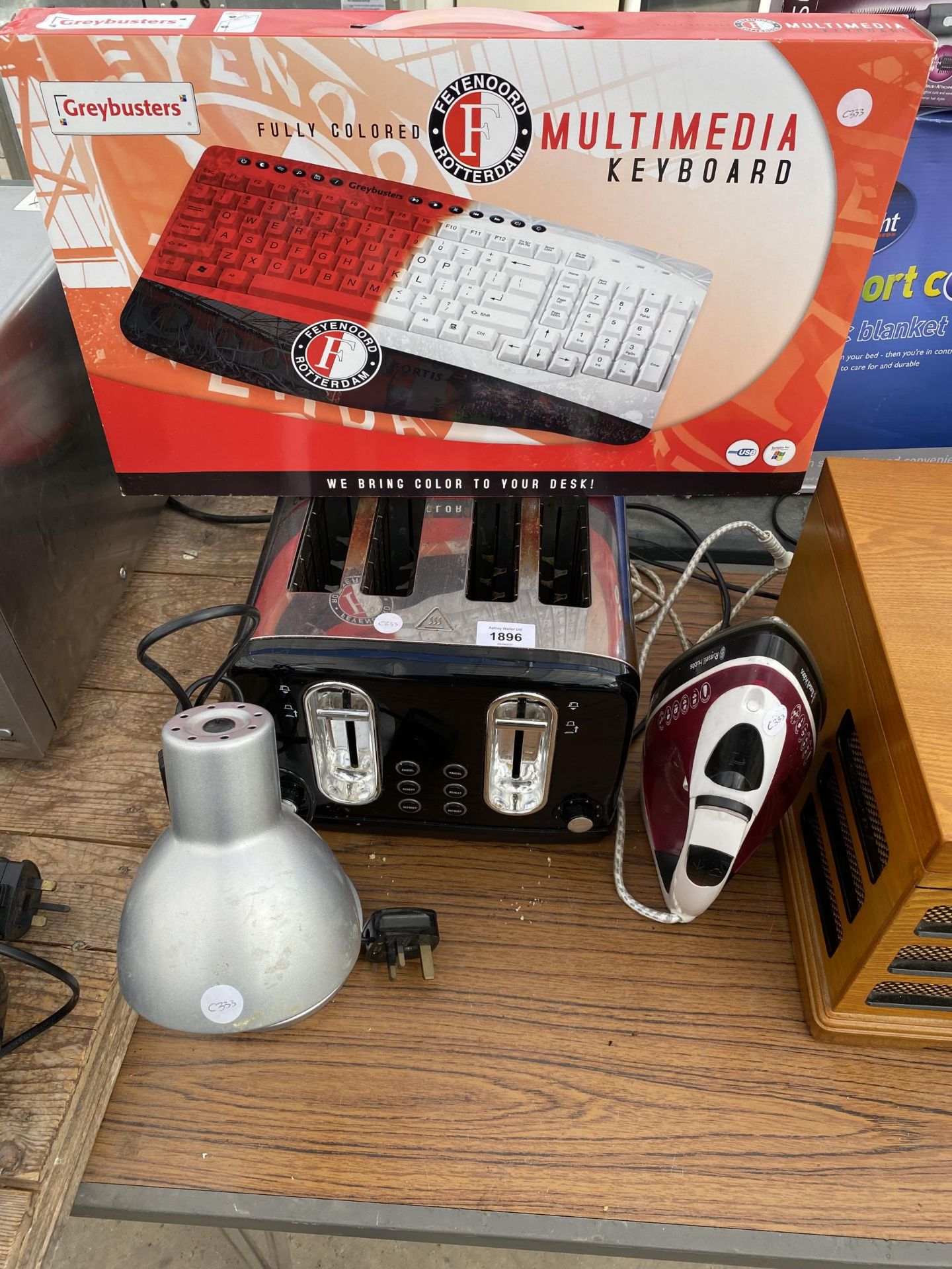 AN ASSORTMENT OF ITEMS TO INCLUDE TOASTER, IRON AND KEYBOARD ETC