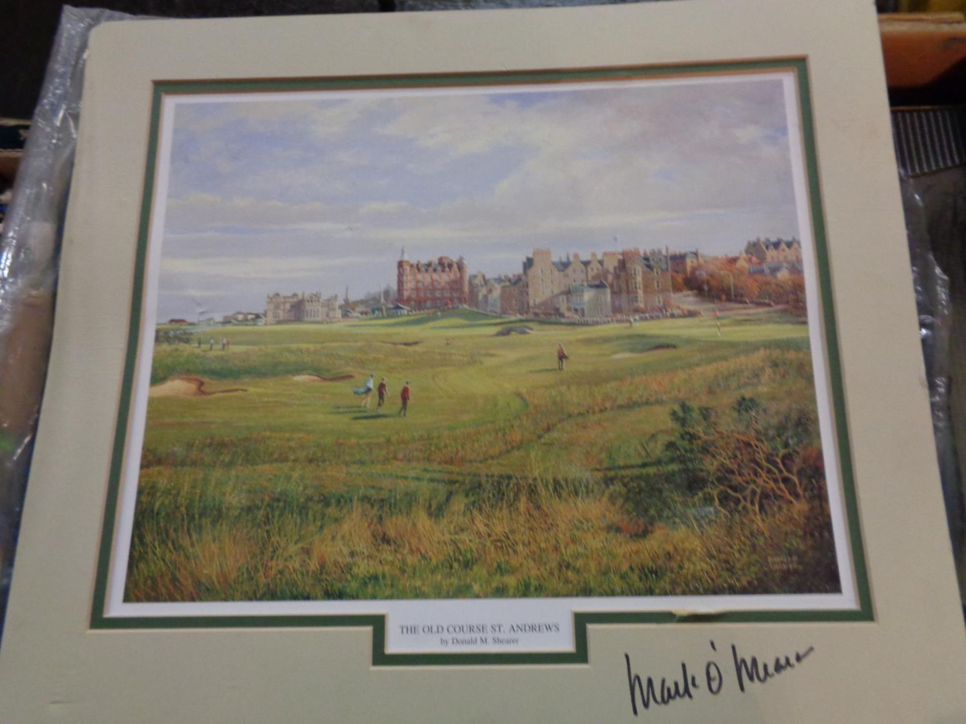 A MOUNTED PRINT OF THE OLD COURSE ST ANDREWS AUTOGRAPHED BY MARK O'MEARA, OPEN CHAMPION