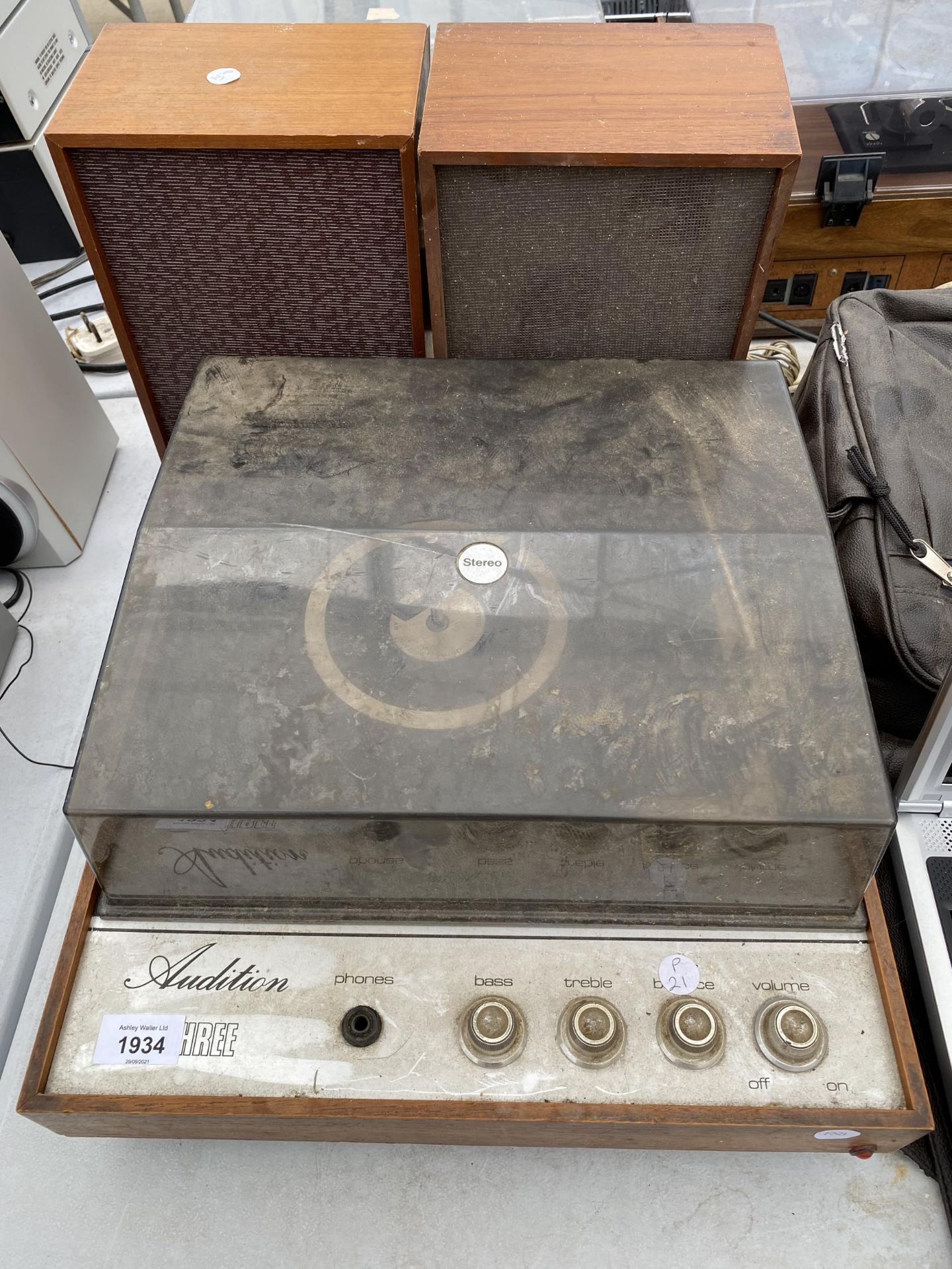 AN AUDITION RECORD PLAYER WITH TWO SPEAKERS