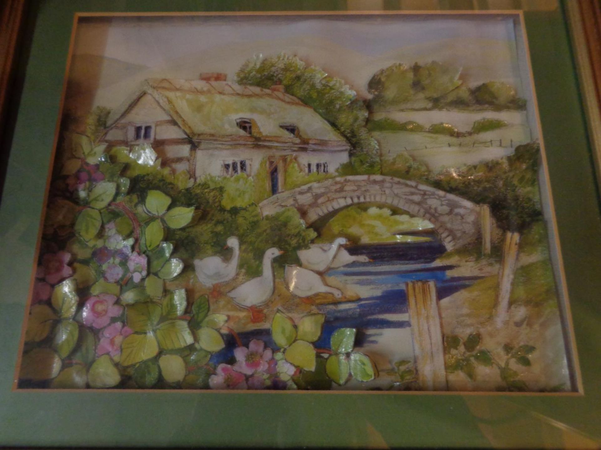 TWO 3D PICTURES ONE OF A COUNTRY SCENE AND ANOTHER OF FLOWERS AND A THIRD GILT FRAMED PICTURE OF A - Image 2 of 4