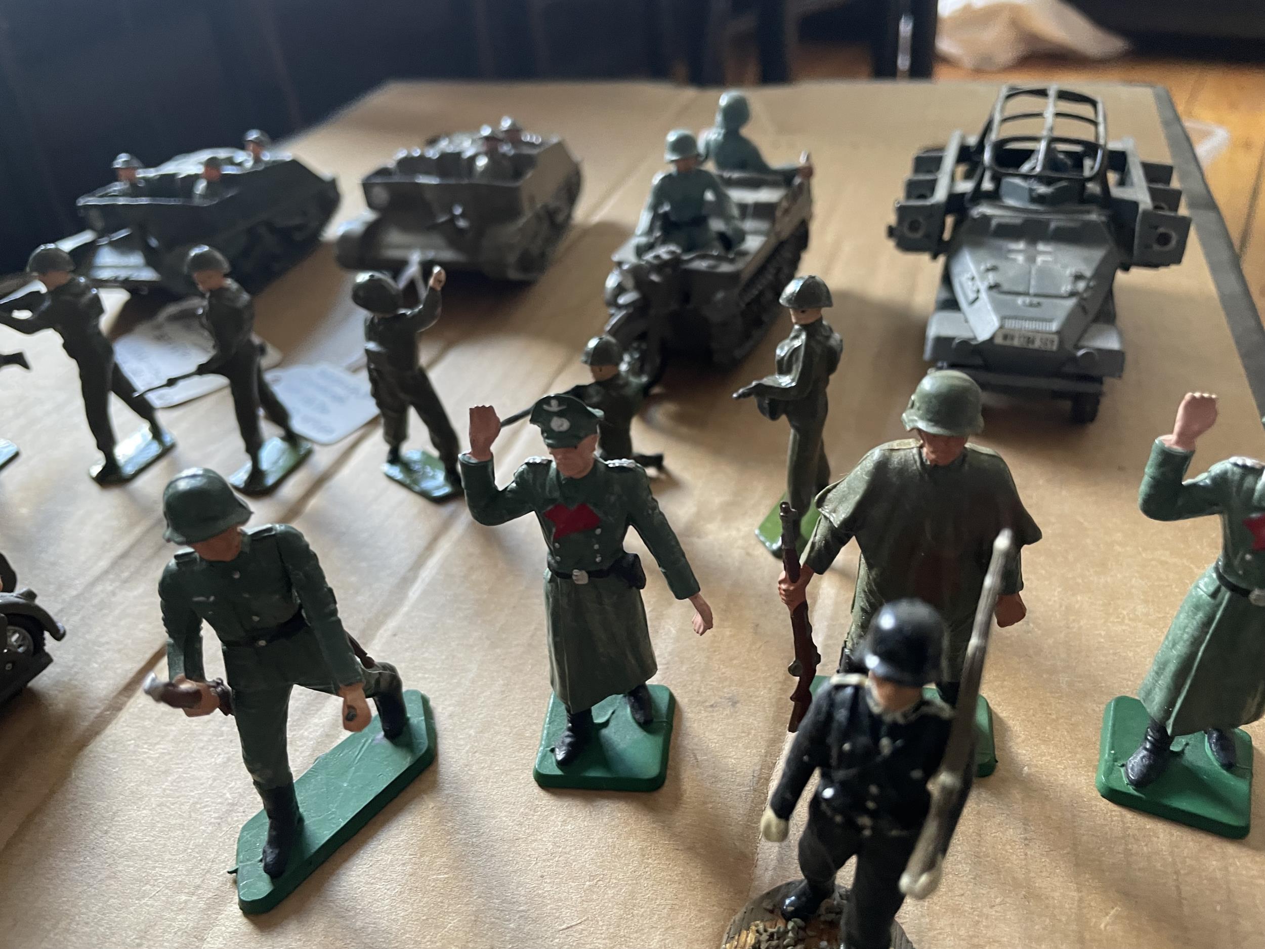 THIRTY UNBOXED WWII METAL AND PLASTIC MILITARY FIGURES AND VEHICLES - TWO BRITAINS BMW AND SIDECARS, - Image 10 of 11