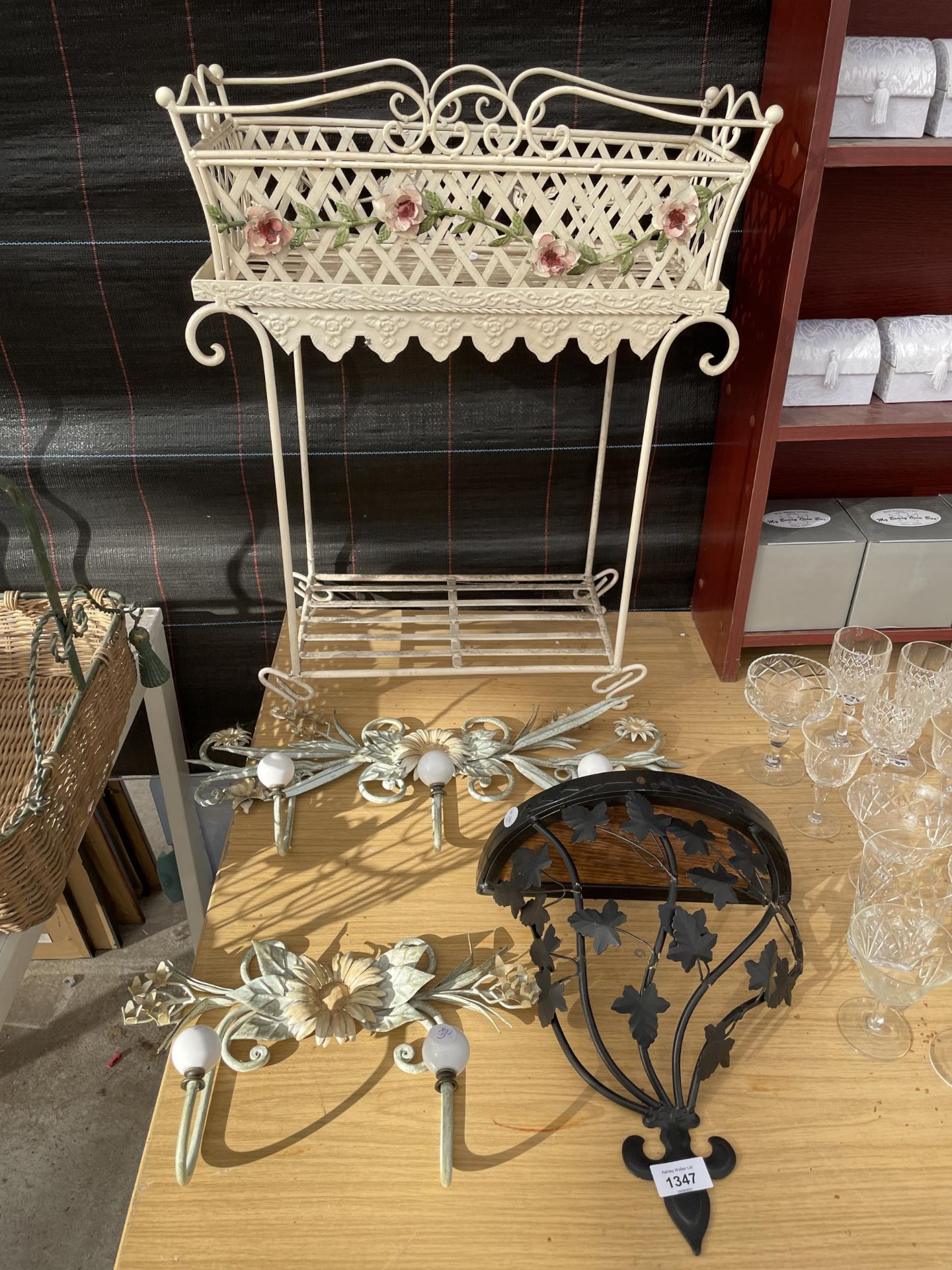 AN ASSORTMENT OF DECORATIVE PLANT ITEMS TO INCLUDE A TROUGH ON A STAND ETC