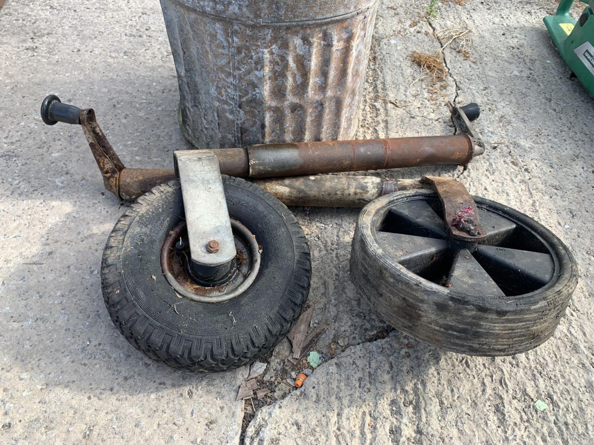 TWO JOCKEY WHEELS AND A GALVANISED TWIN HANDLED SMALL CHURN + VAT - Image 2 of 3