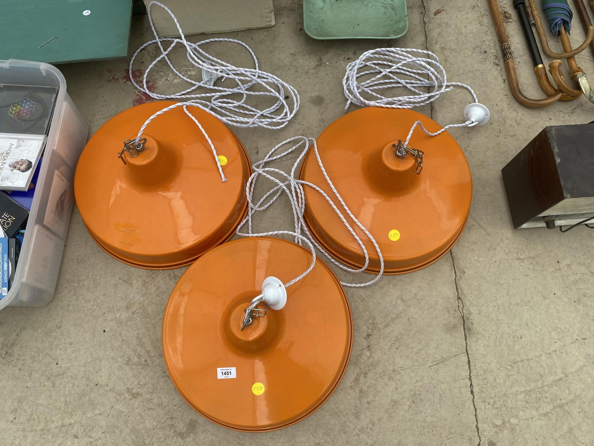 THREE ORANGE INDUSTRIAL STYLE LIGHT FITTINGS