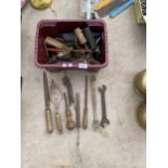AN ASSORTMENT OF HAND TOOLS TO INCLUDE TROWELS, FILES AND SPANNERS ETC