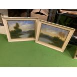 A PAIR OF LARGE WHITE FRAMED PICTURES OF FARMING SCENES