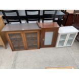 AN EDWARDIAN OAK BOOKCASE TOP, WHITE PAINTED TWO DOOR GLAZED CABINET AND SMALL GLAZED PINE CUPBOARD