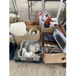AN ASSORTMENT OF HOUSEHOLD CLEARANCE ITEMS TO INCLUDE GLASS WARE, COMPUTER ITEMS AND LAMPS ETC