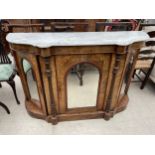 A VICTORIAN WALNUT AND INLAID CREDENZA WITH FOUR ARCHED MIRRORED DOORS AND MARBLE TOP, 54" WIDE