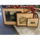 THREE FRAMED PICTURES TO INCLUDE A STATELY HOME, LAKE AND COUNTRY LANE SCENE