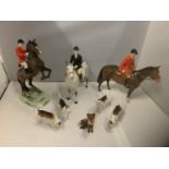 EIGHT PIECES OF BESWICK TO INCLUDE, REARING HUNTSMAN NUMBER 868, HUNTSMAN ON BAY HORSE, HUNTSWOMAN