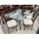 A MODERN GLASS TOP DINING TABLE WITH SHAPED EDGE, 66 X 42", ON METALWARE BASE, TOGETHER WITH SIX