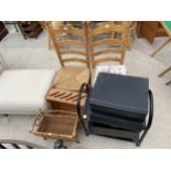 A PAIR OF LADDERBACK CHAIRS, MAGAZINE RACK, PLATE RACK AND A QUANTITY OF STORAGE BOXES ON TROLLEY