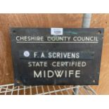 A VINTAGE BRONZE CHESHIRE COUNTY COUNCIL MIDWIFE PLAQUE