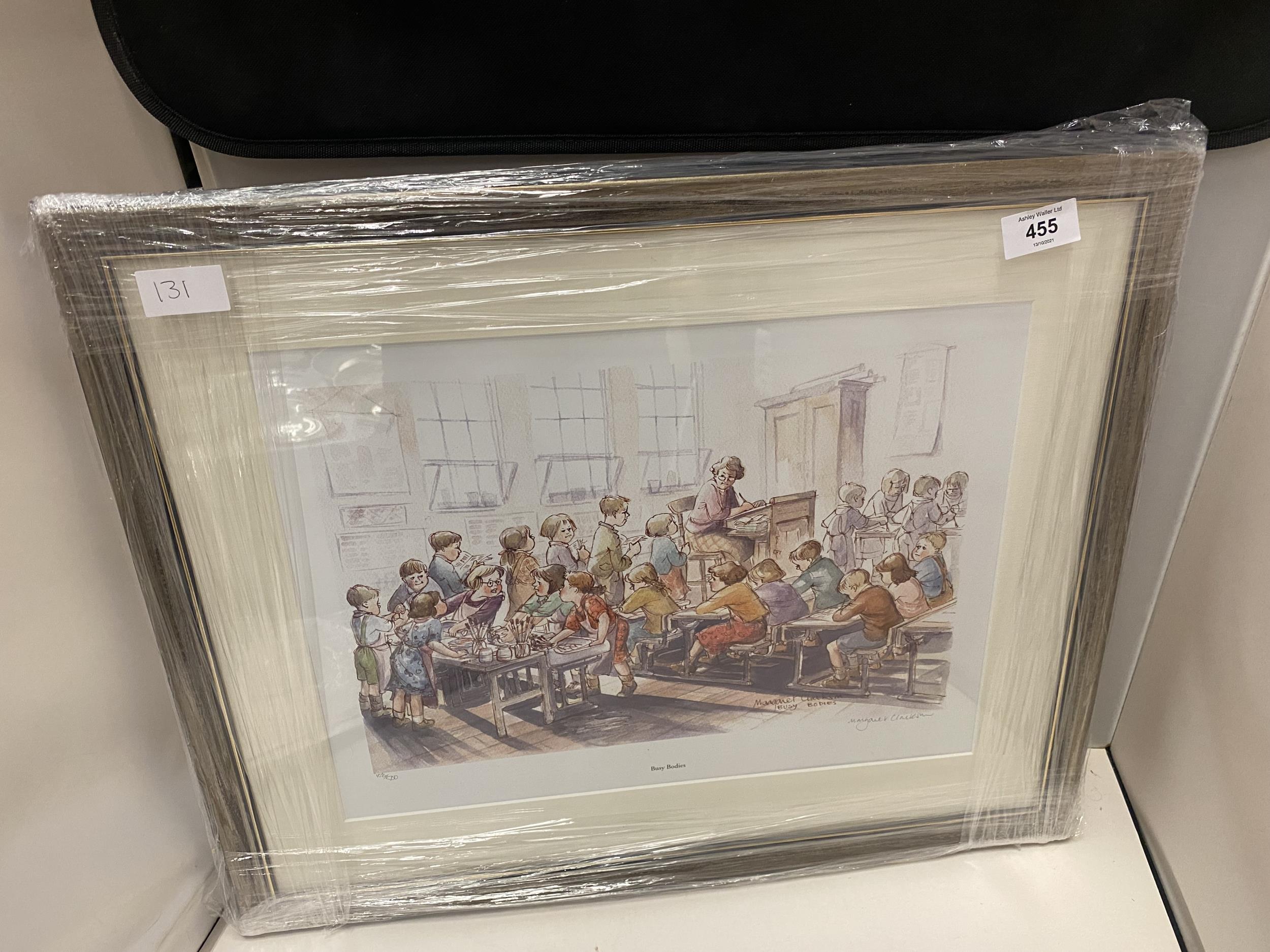 A FRAMED PICTURE ENTITLED BUSY BODIES LIMITED EDITION NUMBER 108/500 SIGNED MARGARET CLARKSON