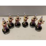 SIX TRINKET BOXES EACH WITH A GLASS CLOWN PLAYING GUITAR FIGURE