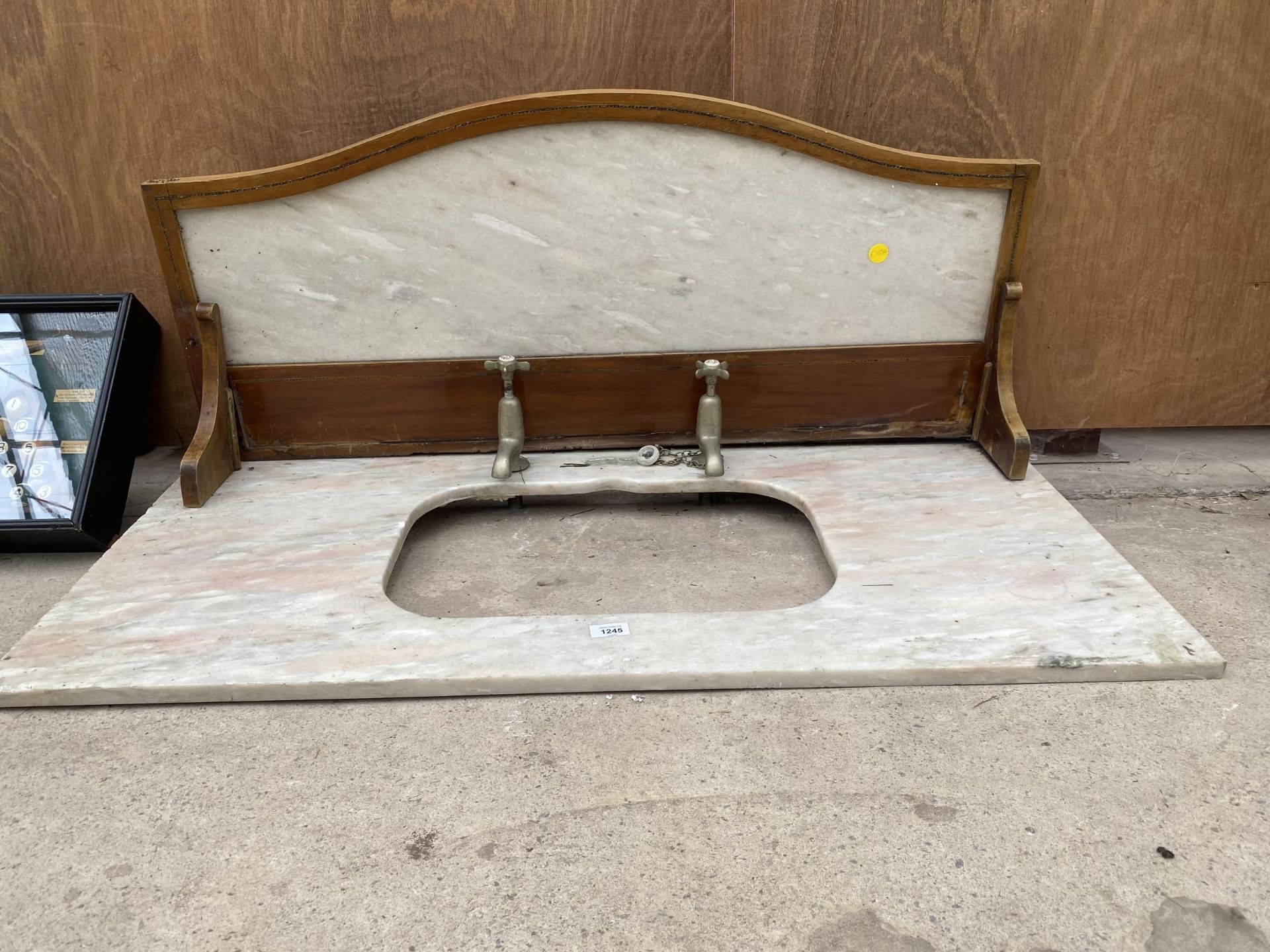 A VINTAGE MARBLE WASH BASIN TOP WITH BRASS TAPS AND SPLASH BACK - Image 2 of 4