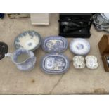 AN ASSORTMENT OF BLUE AND WHITE CERAMICS TO INCLUDE MEAT PLATES, WASH JUG AND BOWL ETC