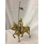 A HEAVY BRASS ORNAMENT OF A KNIGHT ON HORSEBACK (A/F) HEIGHT 35.5 CM