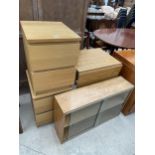 A PAIR OF BEDROOM CHESTS, DROP LEAF TABLE AND GLAZED DOOR WALL CABINET