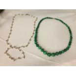 VINTAGE MALACHITE AGATE NECKLACE WITH SILVER 925 NECKLACE AND BRACELET