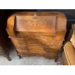 A REPRODUCTION WALNUT AND INLAID WRITING BUREAU WITH FITTED INTERIOR, 33" WIDE