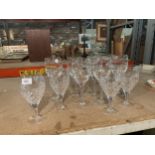 A SELECTION OF GLASSWARE TO INCLUDE SIX LARGE BEAUTIFULLY DECORATED WINE GLASSES AND FOUR CUT