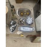 AN ASSORTMENT OF ITEMS TO INCLUDE A BRASS TRINKET DISH AND LAMP, EPNS FLAT WARE AND VARIOUS TRAYS