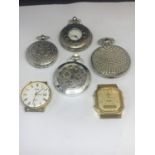 SIX VARIOUS WATCHES TO INCLUDE FOUR WHITE METAL POCKET WATCHES AND TWO WRIST WATCHES WITHOUT STRAPS