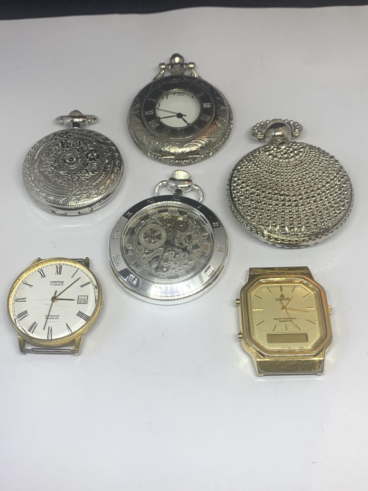 SIX VARIOUS WATCHES TO INCLUDE FOUR WHITE METAL POCKET WATCHES AND TWO WRIST WATCHES WITHOUT STRAPS
