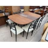A G-PLAN E-GOMME RETRO TEAK EXTENDING DINING TABLE ON BLACK SUPPORTS WITH EIGHT MATCHING DINING