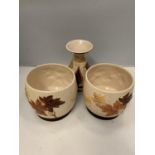 THREE ITEMS OF SYLVAC TO INCLUDE TWO PLANT POTS CREAM WITH LEAF DESIGN AND A VASE