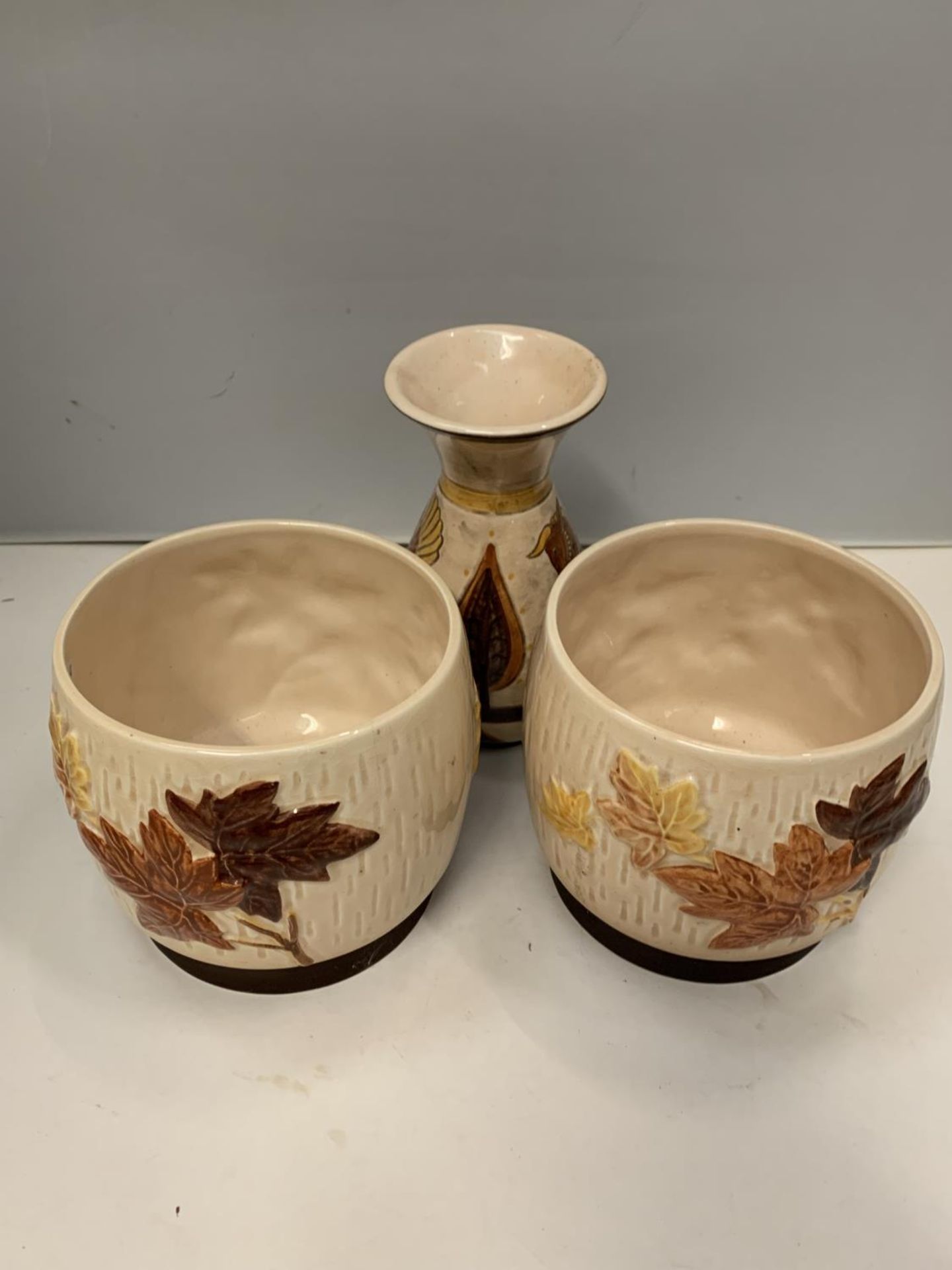 THREE ITEMS OF SYLVAC TO INCLUDE TWO PLANT POTS CREAM WITH LEAF DESIGN AND A VASE