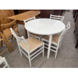 A WHITE DROP-LEAF KITCHEN TABLE, 36" DIAMETER, AND FOUR CHAIRS WITH RUSH SEATS