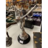 A LARGE CHROME SPIRIT OF ECSTACY FIGURINE ON A MARBLE BASE APPROX 37CM TALL