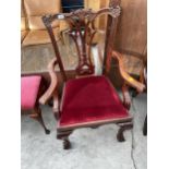 A MAHOGANY CHIPPENDALE STYLE CARVER CHAIR ON BALL AND CLAW FRONT FEET