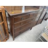 AN EDWARDIAN MAHOGANY CHEST OF TWO SHORT AND THREE LONG DRAWERS, 42" WIDE