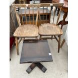 A PAIR OF ERCOL STYLE DINING CHAIRS AND A SQUARE OCCASIONAL TABLE