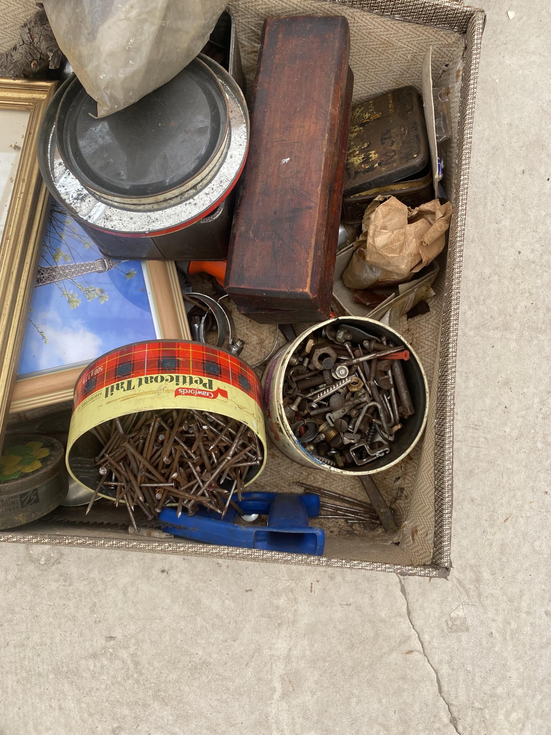 AN ASSORTMENT OF ITEMS TO INCLUDE A TRAVEL TRUNK, SHARPENING STONE AND HARDWARE ETC - Image 3 of 3