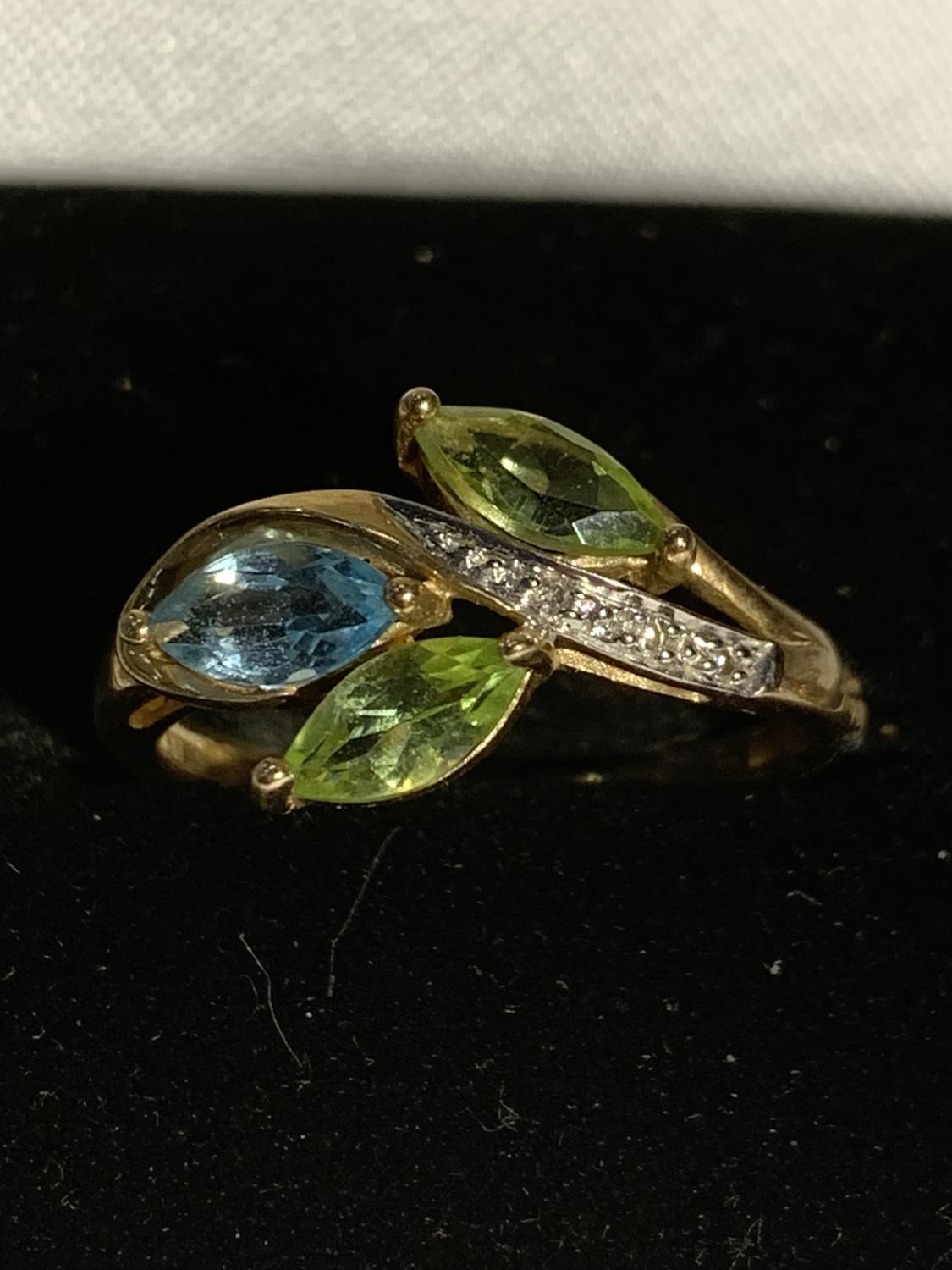 A 9 CARAT GOLD RING WITH THREE COLOURED LEAF SHAPED STONES AND A LINE OF CLEAR STONES SIZE P GROSS